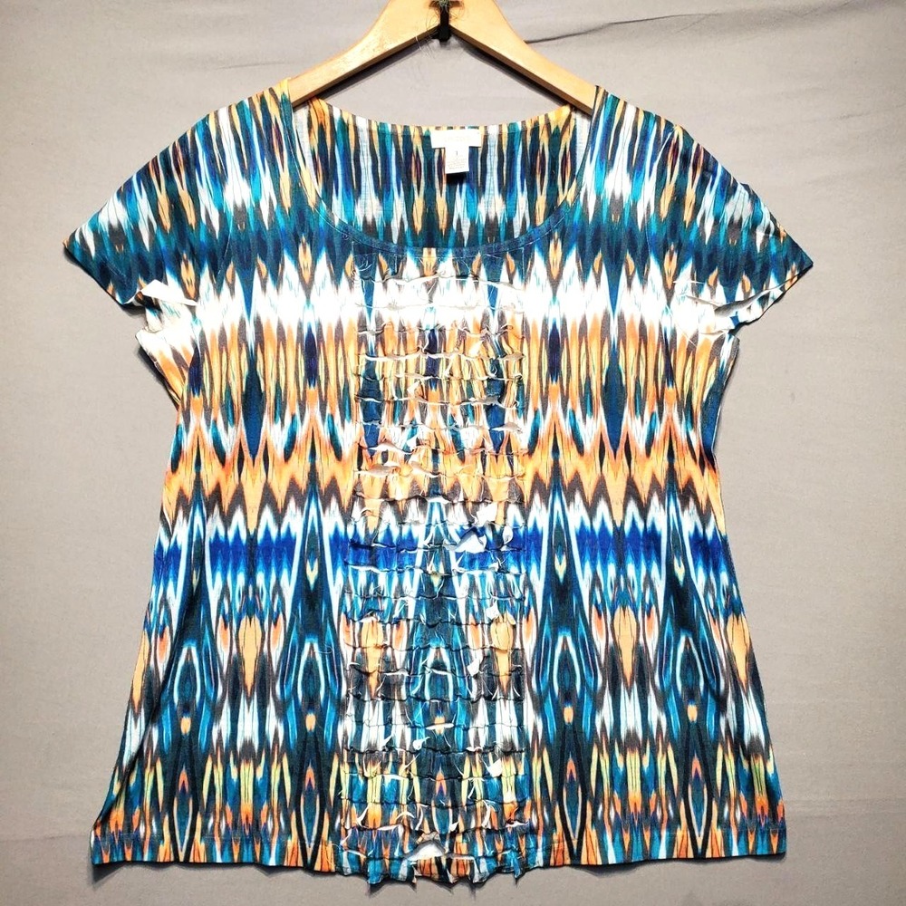 Chicos Ikat Ruffle Shirt Women Medium Blue Textured Tribal Boho Costal Artsy Top